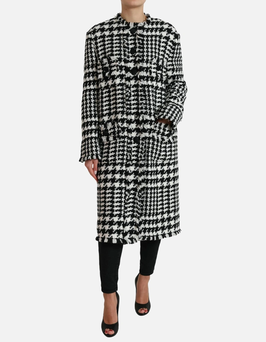 Houndstooth Long Coat Jacket with Button Closure and Logo Details, 7 of 6