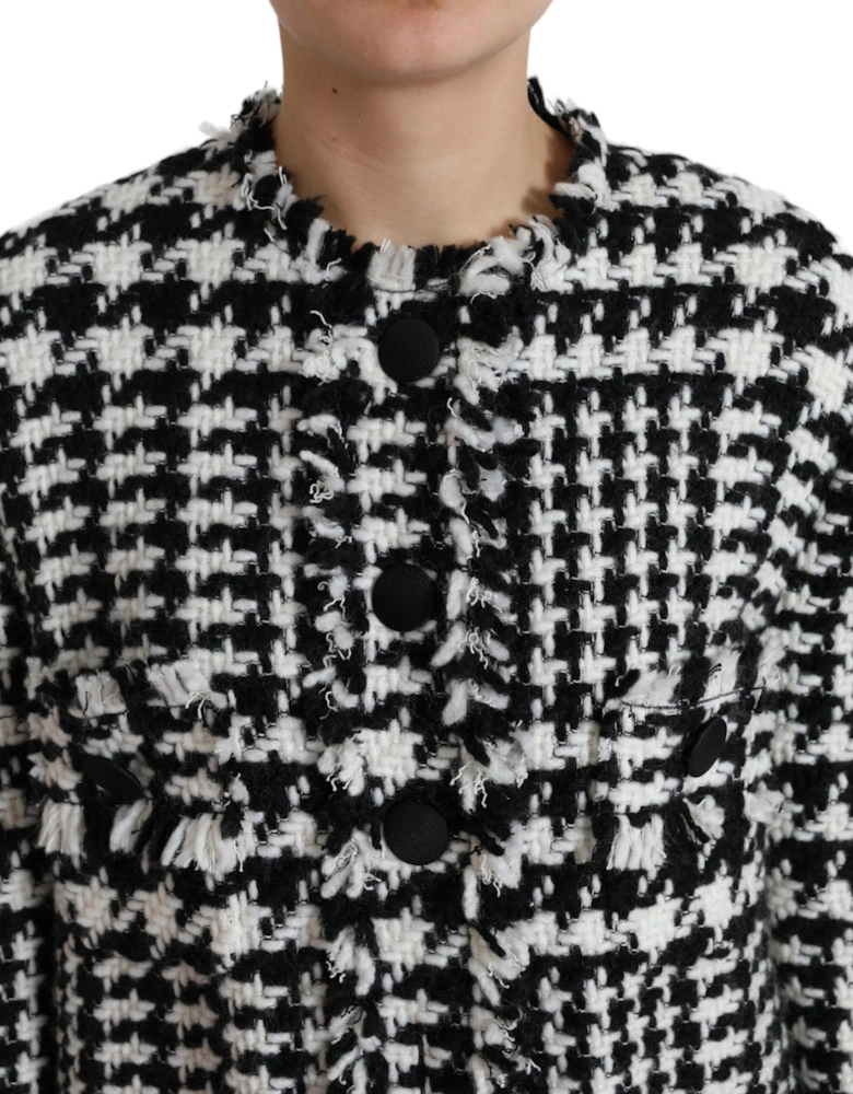 Houndstooth Long Coat Jacket with Button Closure and Logo Details