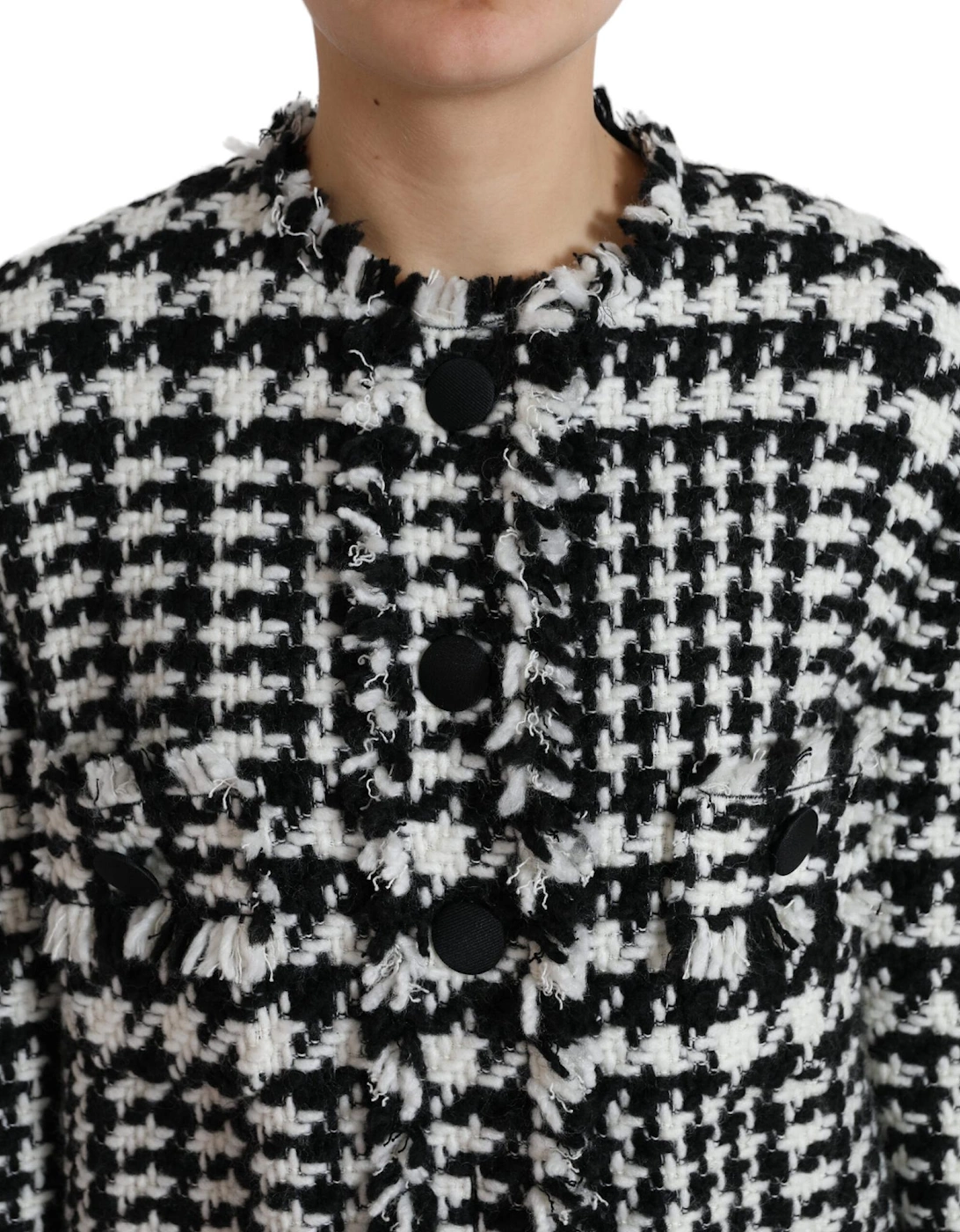 Houndstooth Long Coat Jacket with Button Closure and Logo Details
