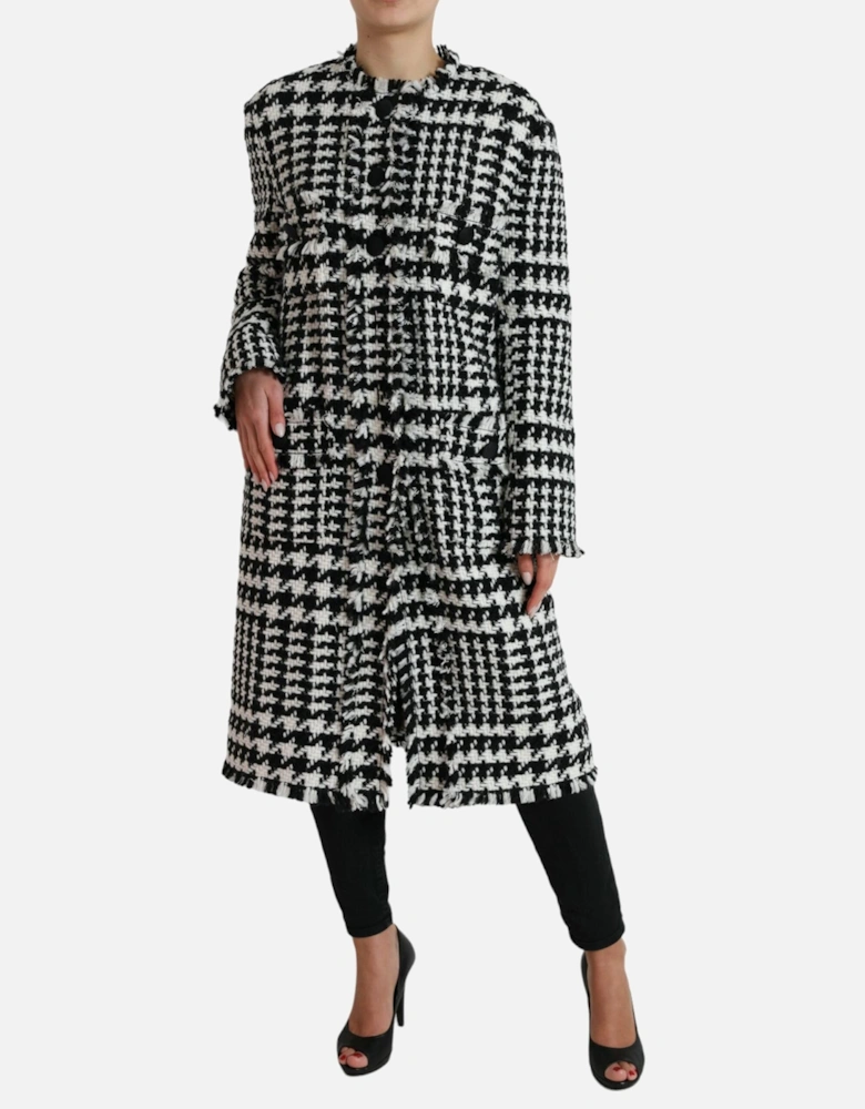 Houndstooth Long Coat Jacket with Button Closure and Logo Details
