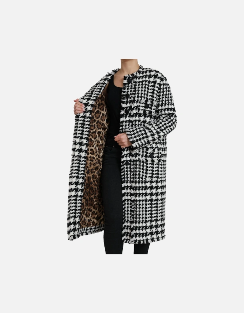Houndstooth Long Coat Jacket with Button Closure and Logo Details