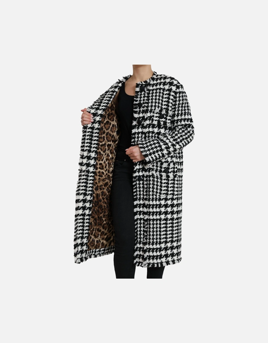 Houndstooth Long Coat Jacket with Button Closure and Logo Details