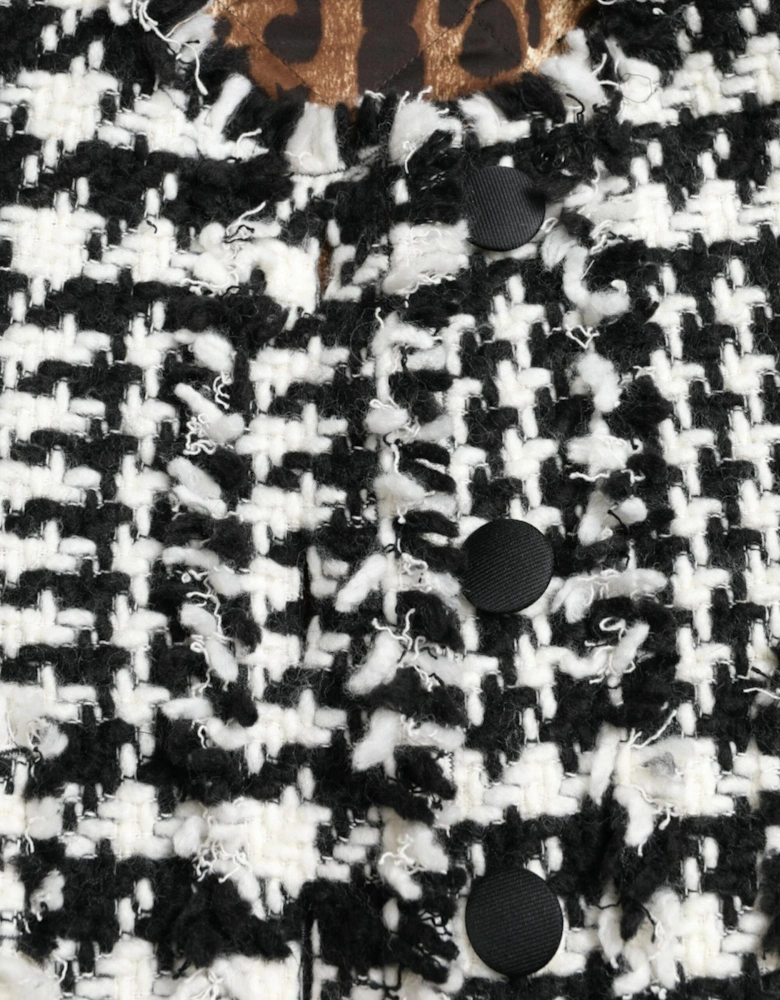 Houndstooth Long Coat Jacket with Button Closure and Logo Details