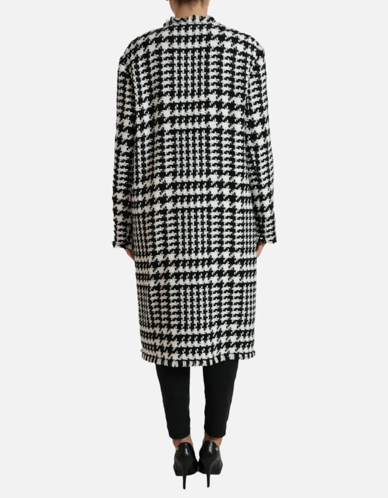 Houndstooth Long Coat Jacket with Button Closure and Logo Details