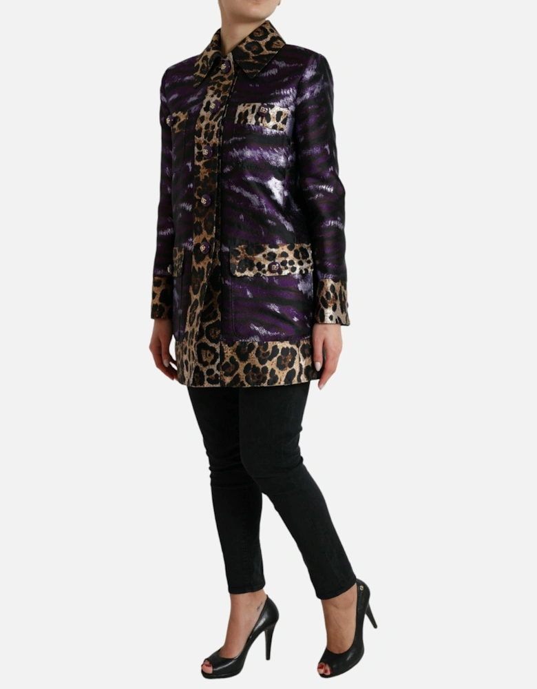 Lame Jacquard Tiger Print Trench Coat Jacket Women - Purple Jackets