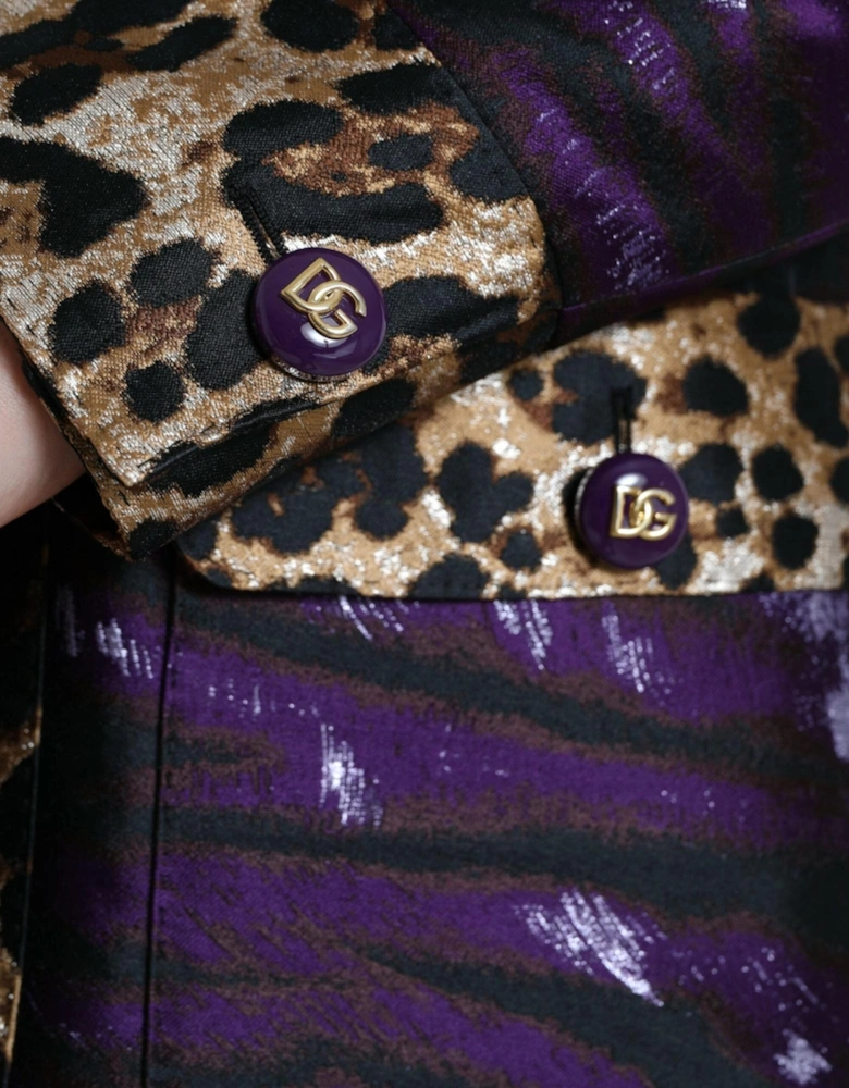 Lame Jacquard Tiger Print Trench Coat Jacket Women - Purple Jackets