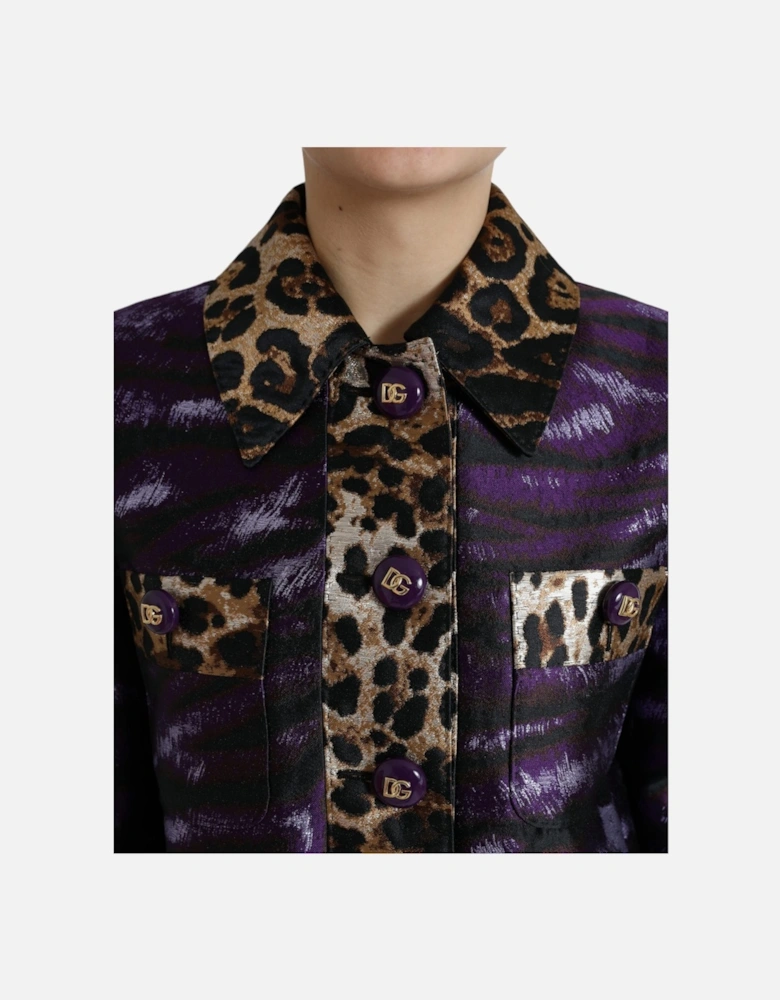 Lame Jacquard Tiger Print Trench Coat Jacket Women - Purple Jackets