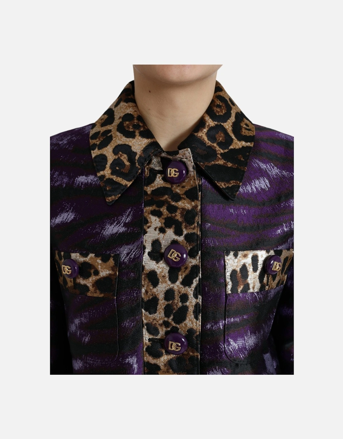 Lame Jacquard Tiger Print Trench Coat Jacket Women - Purple Jackets