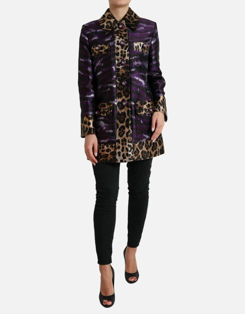 Lame Jacquard Tiger Print Trench Coat Jacket Women - Purple Jackets
