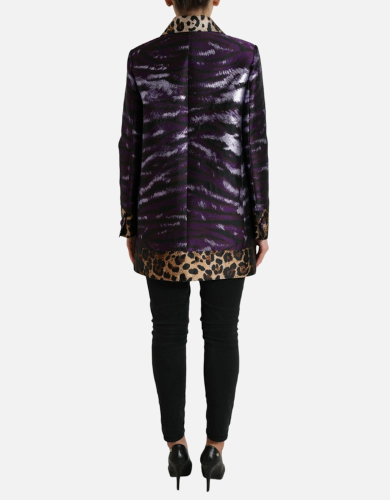 Lame Jacquard Tiger Print Trench Coat Jacket Women - Purple Jackets