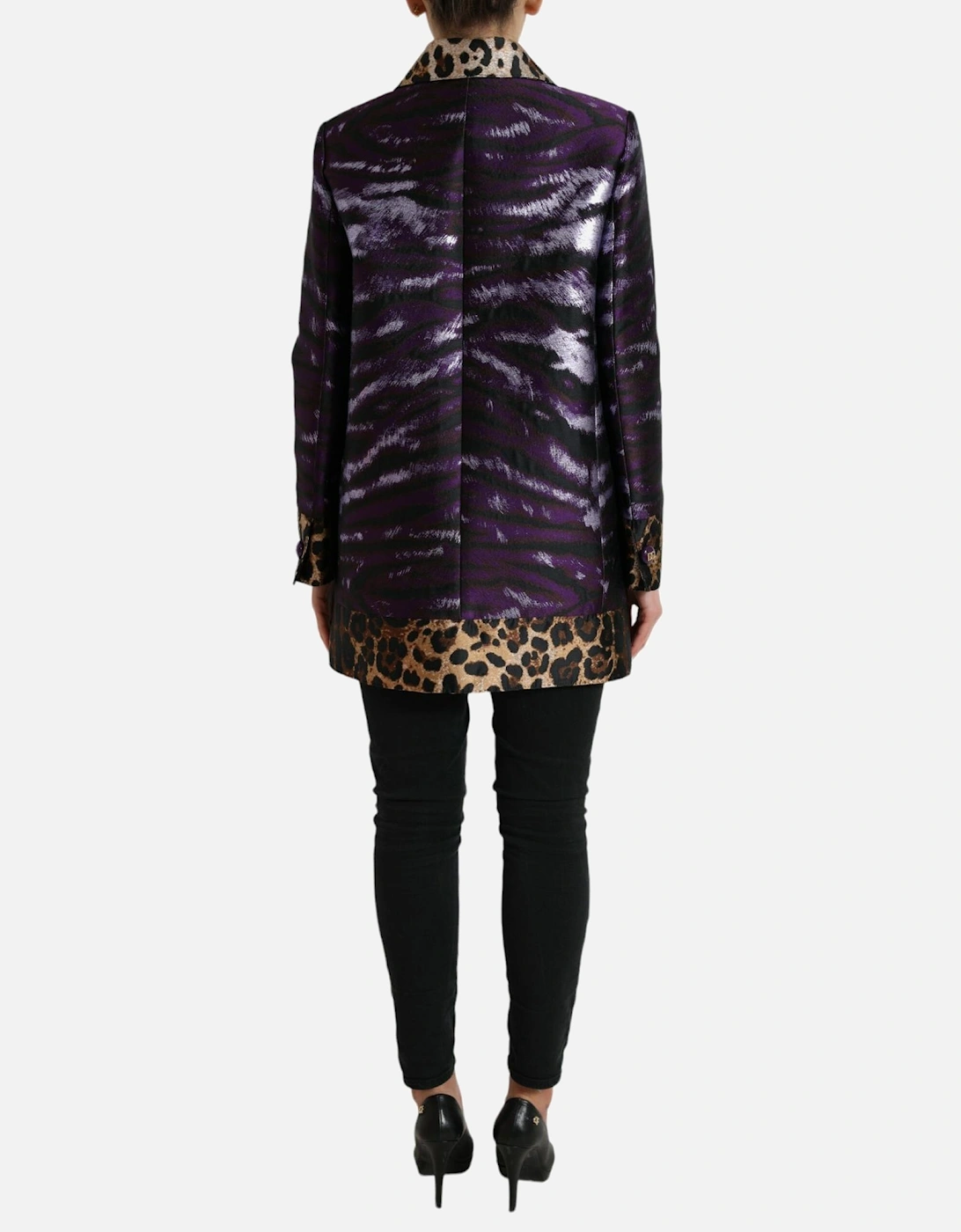 Lame Jacquard Tiger Print Trench Coat Jacket Women - Purple Jackets