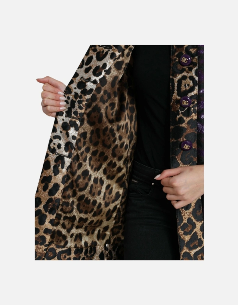 Lame Jacquard Tiger Print Trench Coat Jacket Women - Purple Jackets