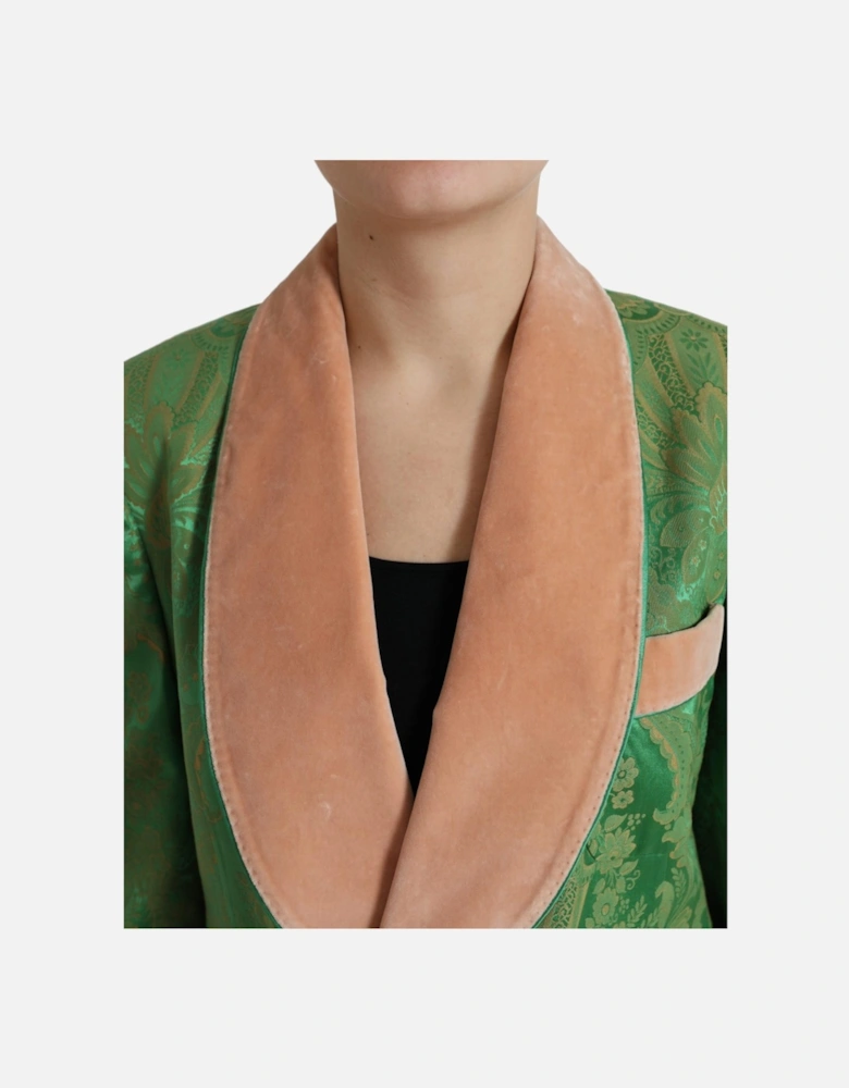 Floral Brocade Jacket Green Velvet Collar Women Suits