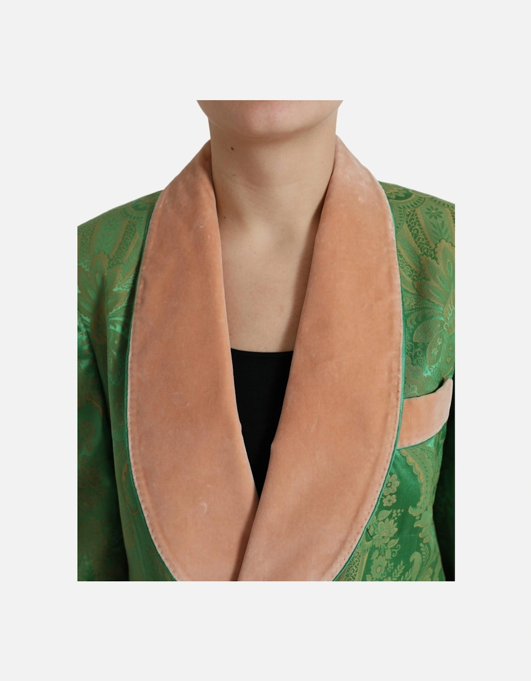 Floral Brocade Jacket Green Velvet Collar Women Suits