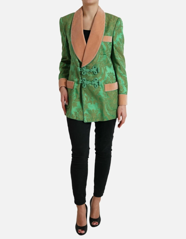 Floral Brocade Jacket Green Velvet Collar Women Suits