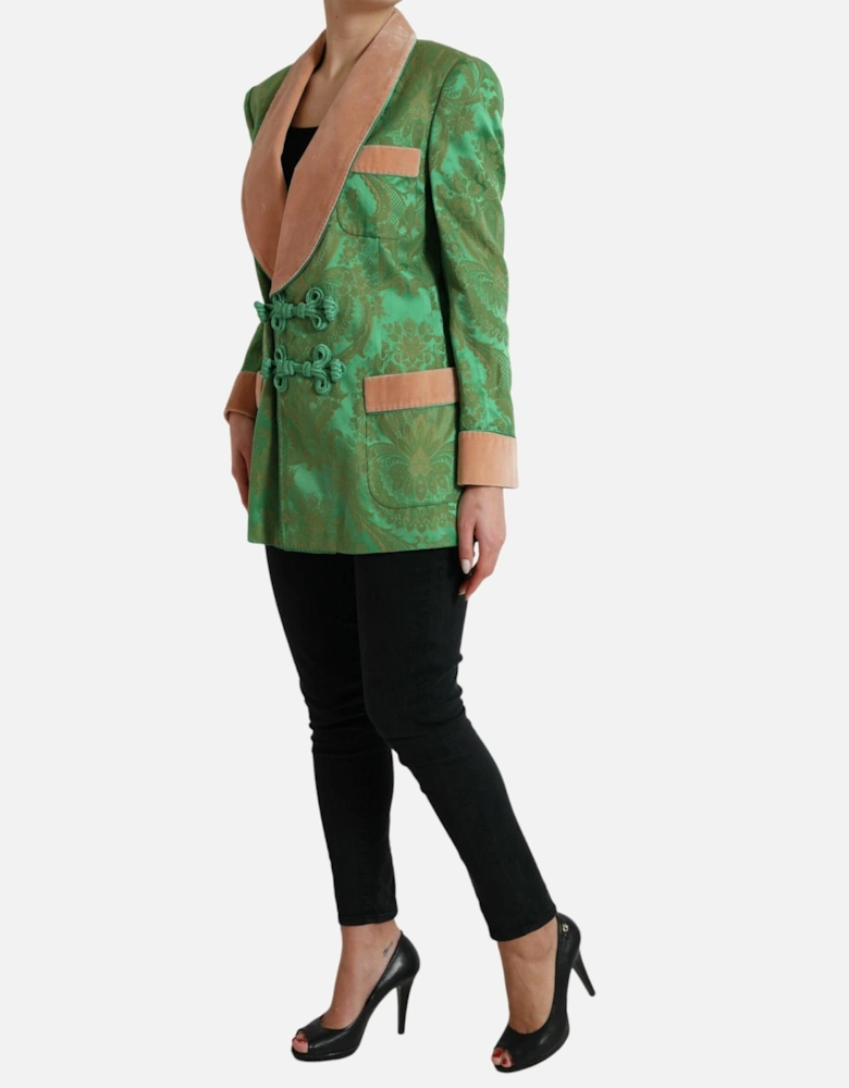 Floral Brocade Jacket Green Velvet Collar Women Suits