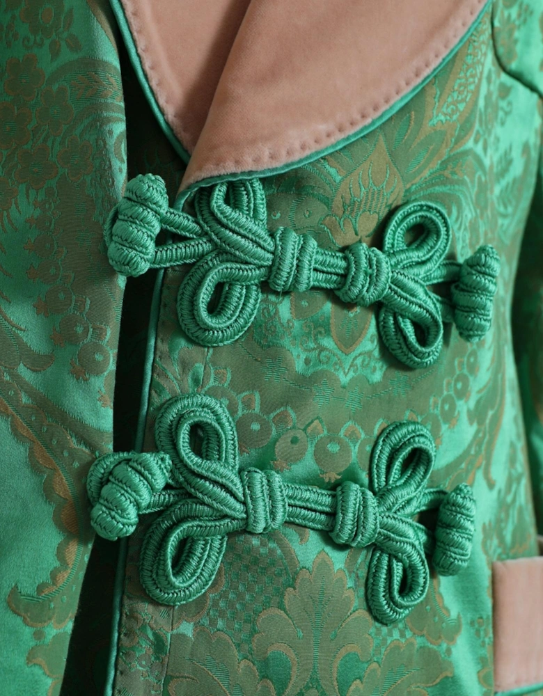 Floral Brocade Jacket Green Velvet Collar Women Suits