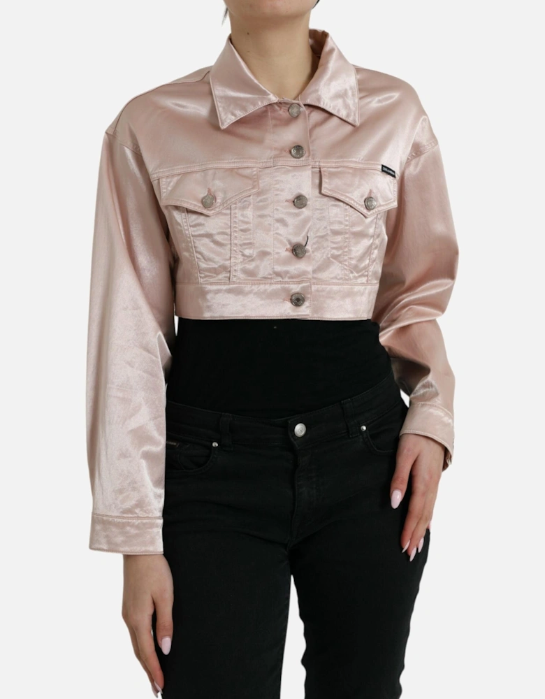 Cropped Pink Denim Jacket with Pointed Collar and Flap Pockets Women