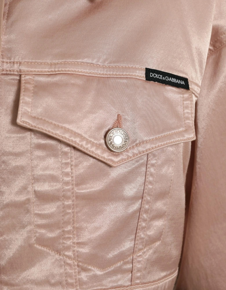 Cropped Pink Denim Jacket with Pointed Collar and Flap Pockets Women