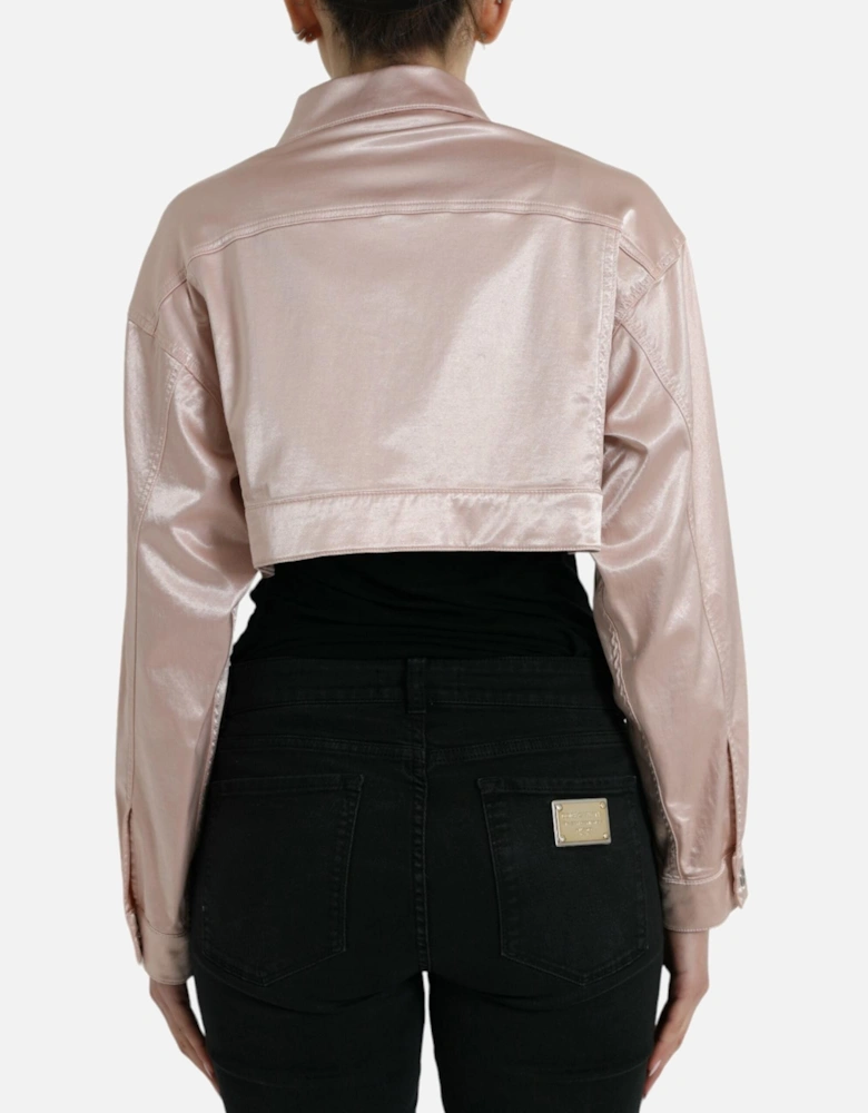 Cropped Pink Denim Jacket with Pointed Collar and Flap Pockets Women