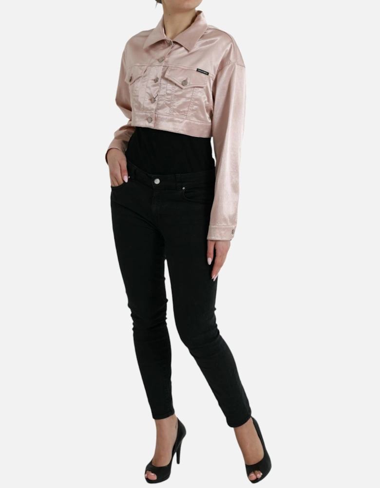 Cropped Pink Denim Jacket with Pointed Collar and Flap Pockets Women
