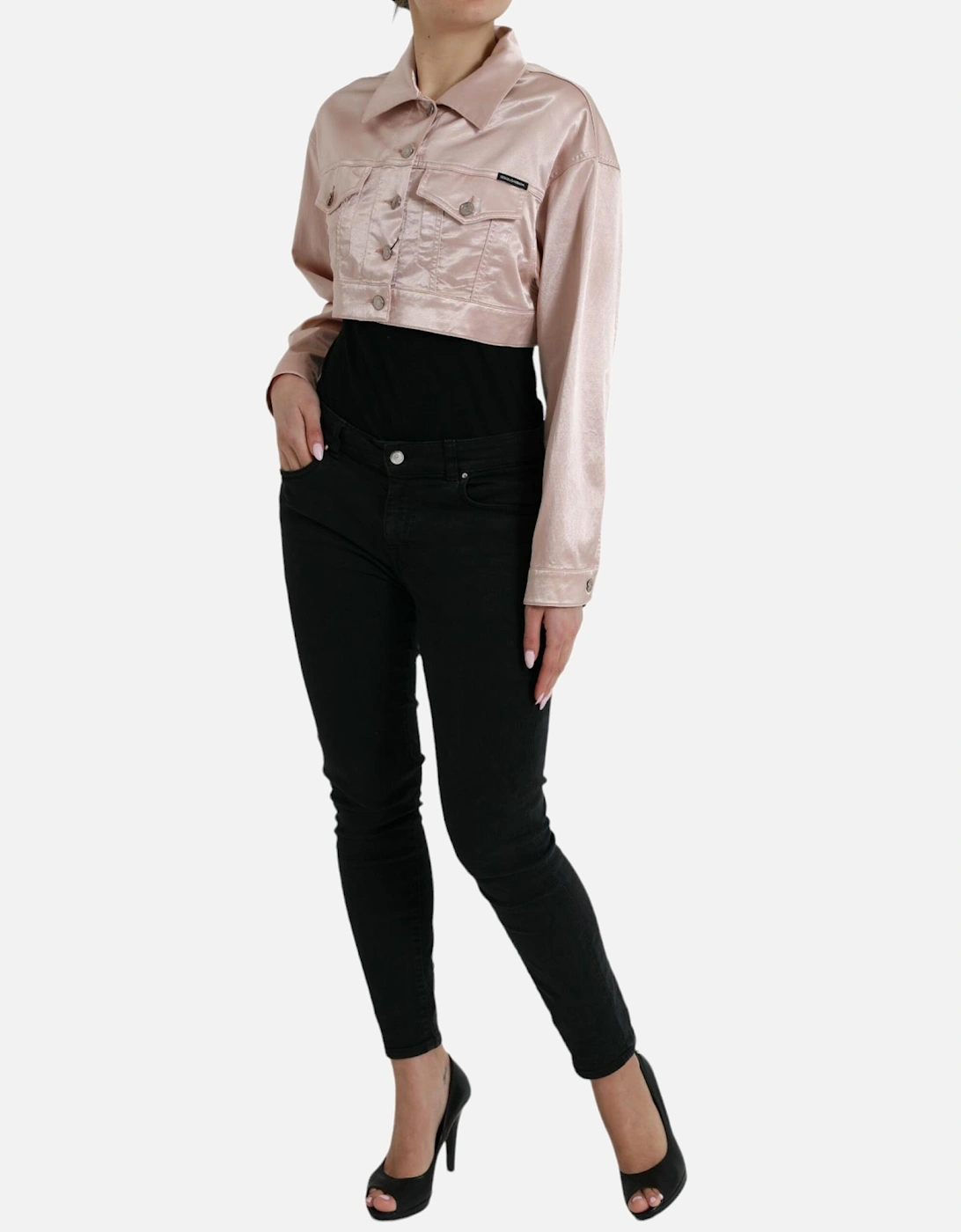 Cropped Pink Denim Jacket with Pointed Collar and Flap Pockets Women