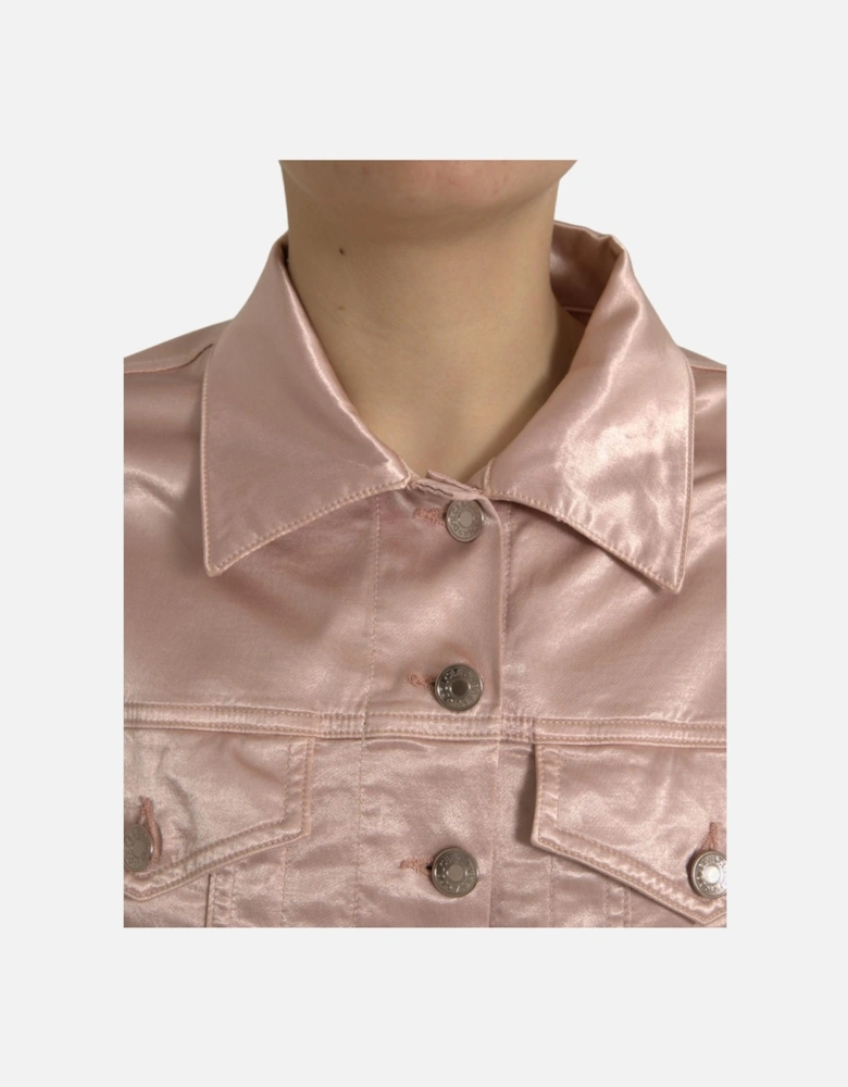 Cropped Pink Denim Jacket with Pointed Collar and Flap Pockets Women
