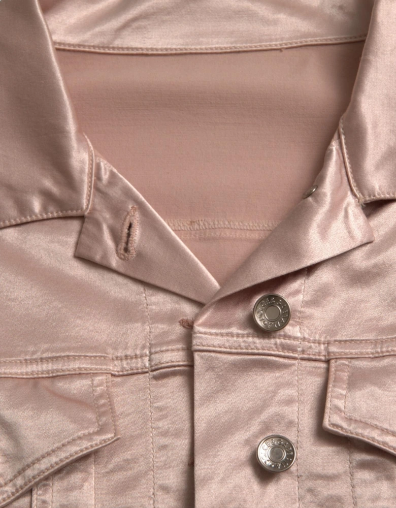 Cropped Pink Denim Jacket with Pointed Collar and Flap Pockets Women