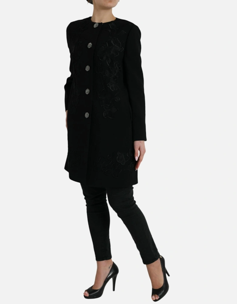 Floral Button Trench Coat in Fine Wool Blend Women - Black Jackets