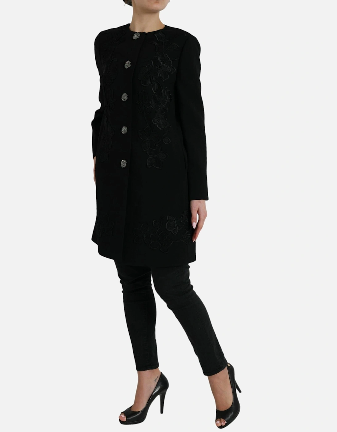 Floral Button Trench Coat in Fine Wool Blend Women - Black Jackets