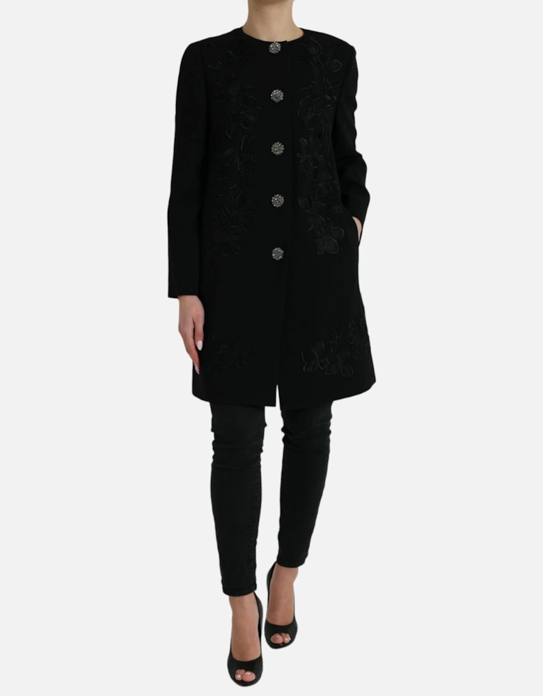 Floral Button Trench Coat in Fine Wool Blend Women - Black Jackets