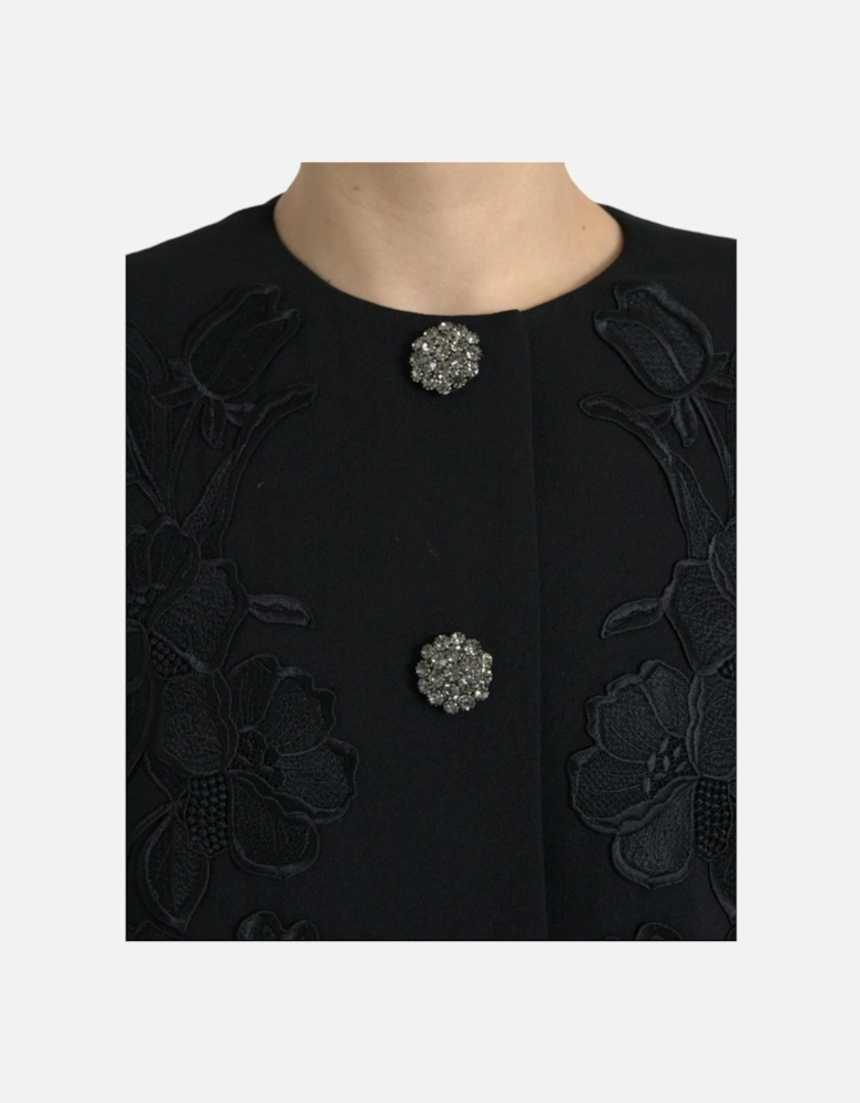 Floral Button Trench Coat in Fine Wool Blend Women - Black Jackets