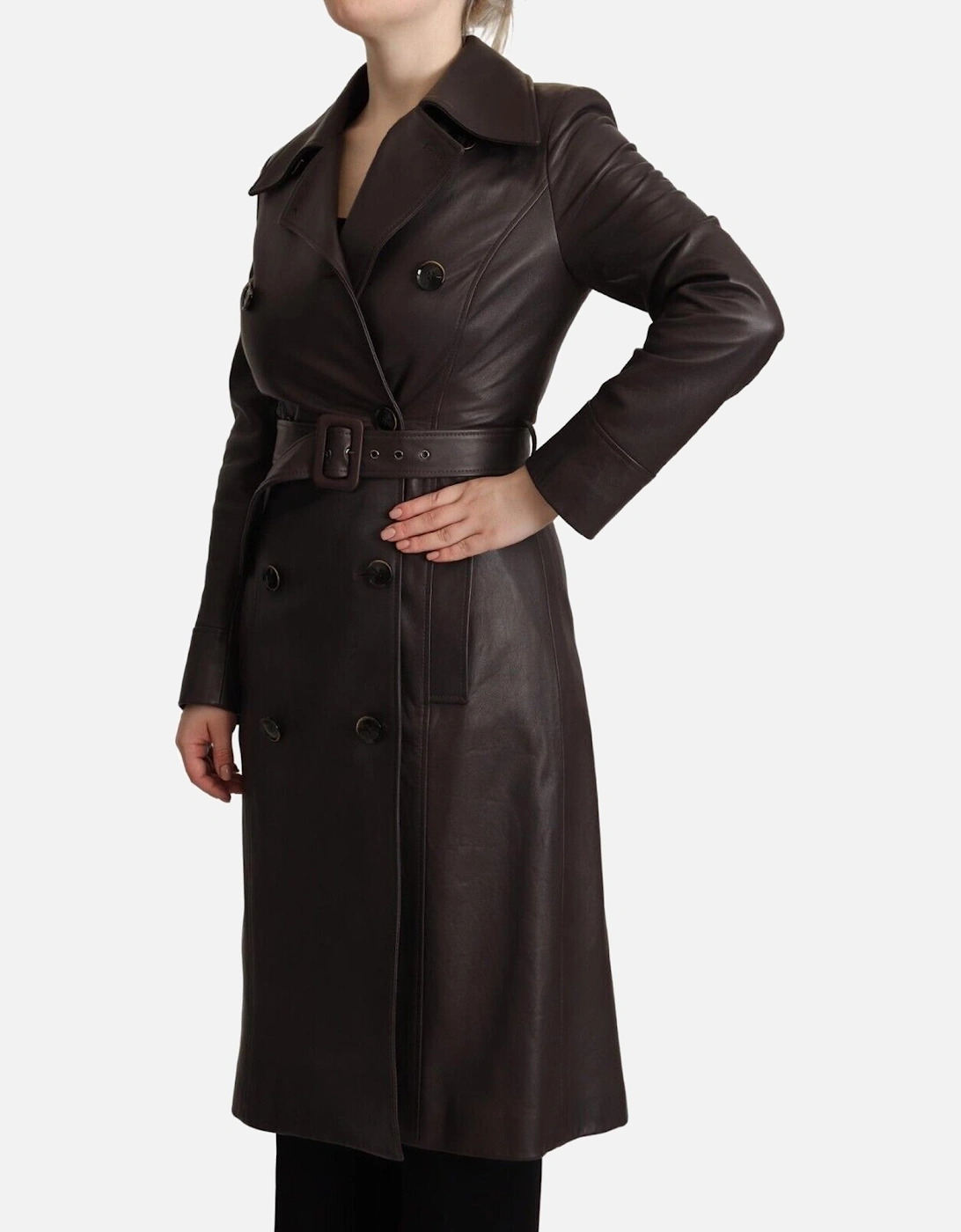 Leather Trench Coat Double Breasted Style Women - Brown Jackets