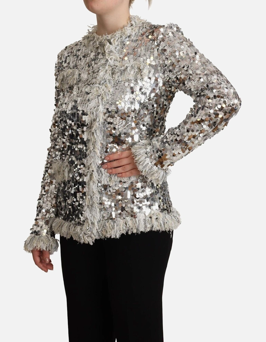 Sequined Shearling Long Sleeve Jacket Women - Silver Jackets