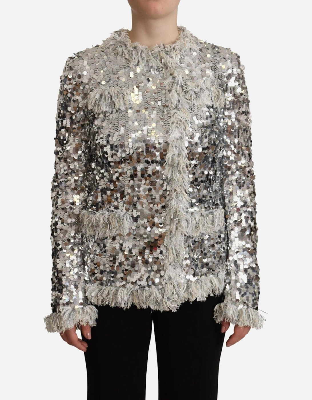 Sequined Shearling Long Sleeve Jacket Women - Silver Jackets, 5 of 4