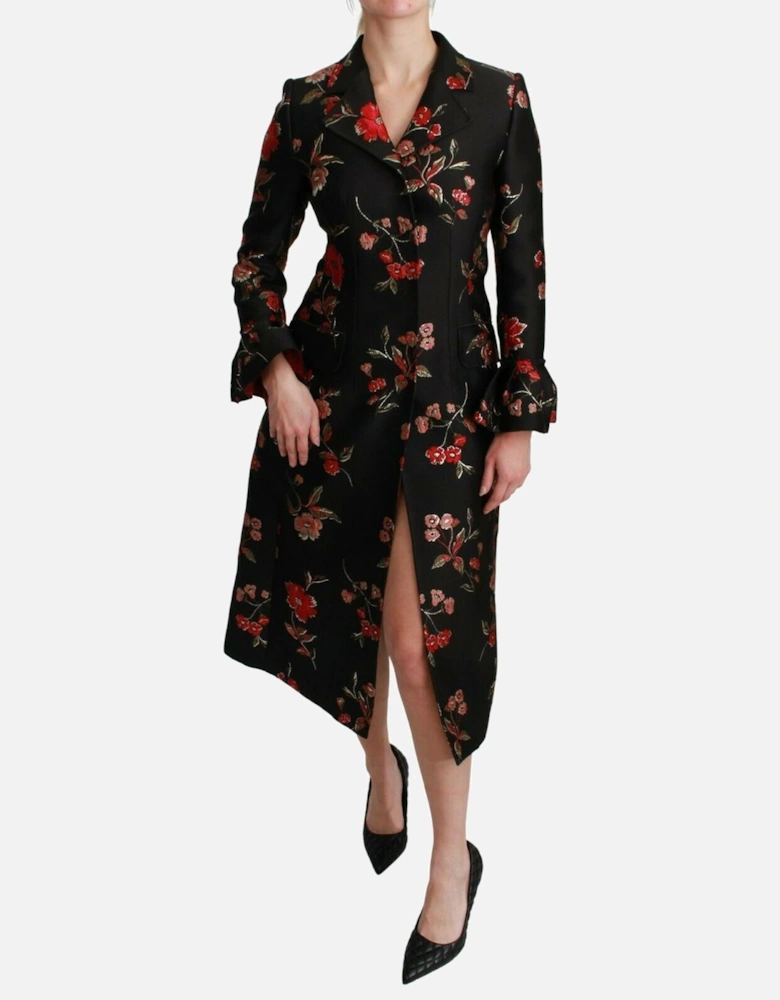 Floral Brocade Coat Long Sleeves Women - Black Jackets