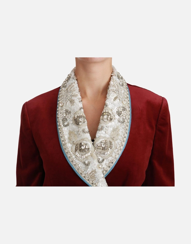 Velvet Blazer Embellished Collar Long Sleeves Women - Red Jackets