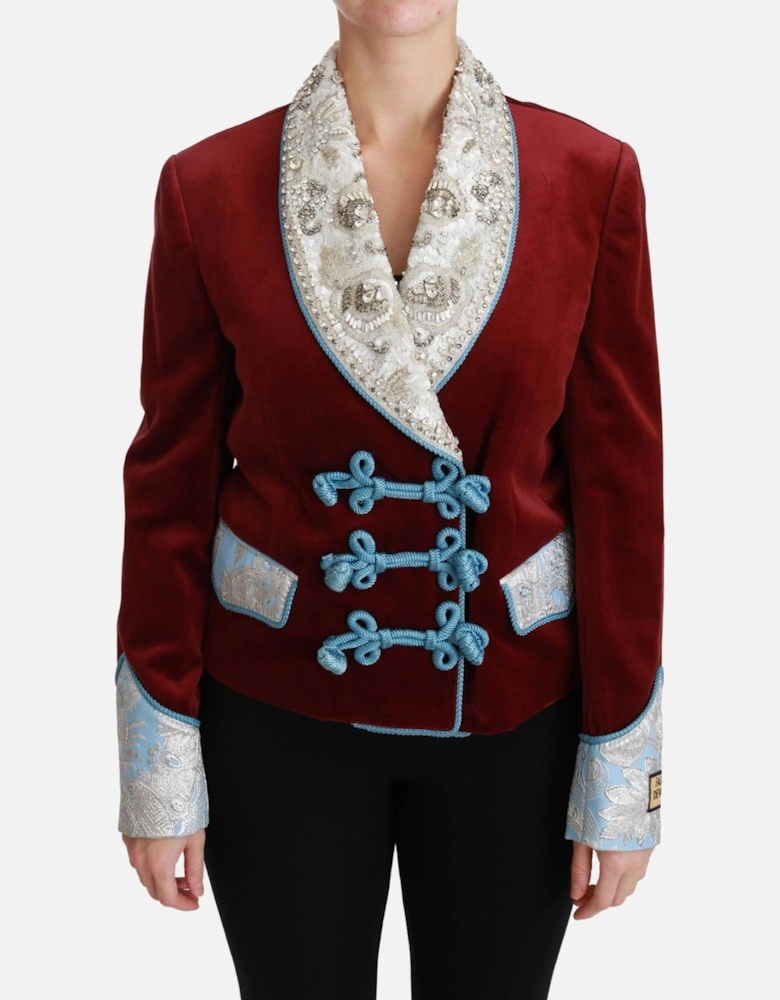 Velvet Blazer Embellished Collar Long Sleeves Women - Red Jackets