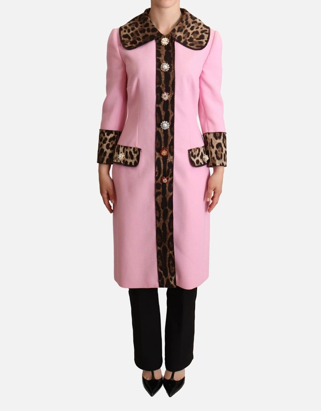 Leopard Trim Wool Coat Women - Pink Jackets, 5 of 4