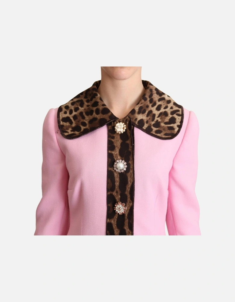 Leopard Trim Wool Coat Women - Pink Jackets