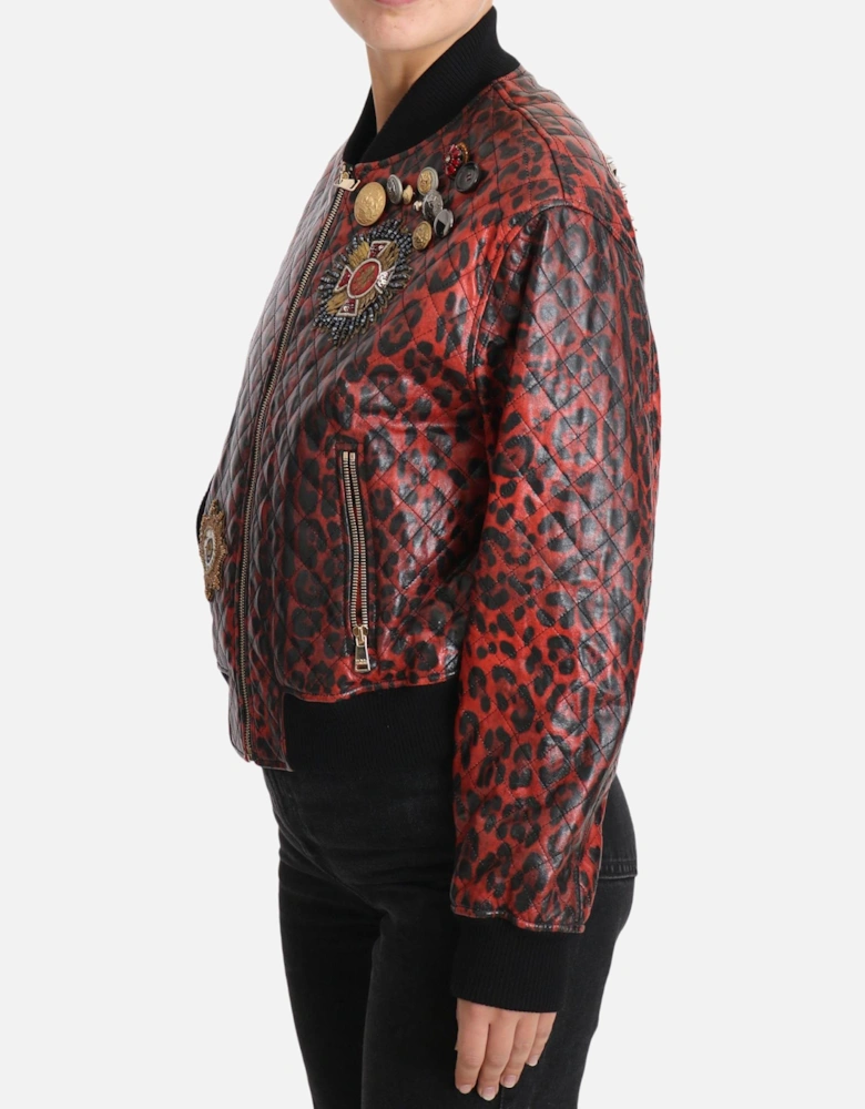 Quilted Leopard Print Bomber Jacket Women - Red Jackets