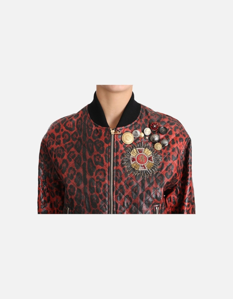 Quilted Leopard Print Bomber Jacket Women - Red Jackets