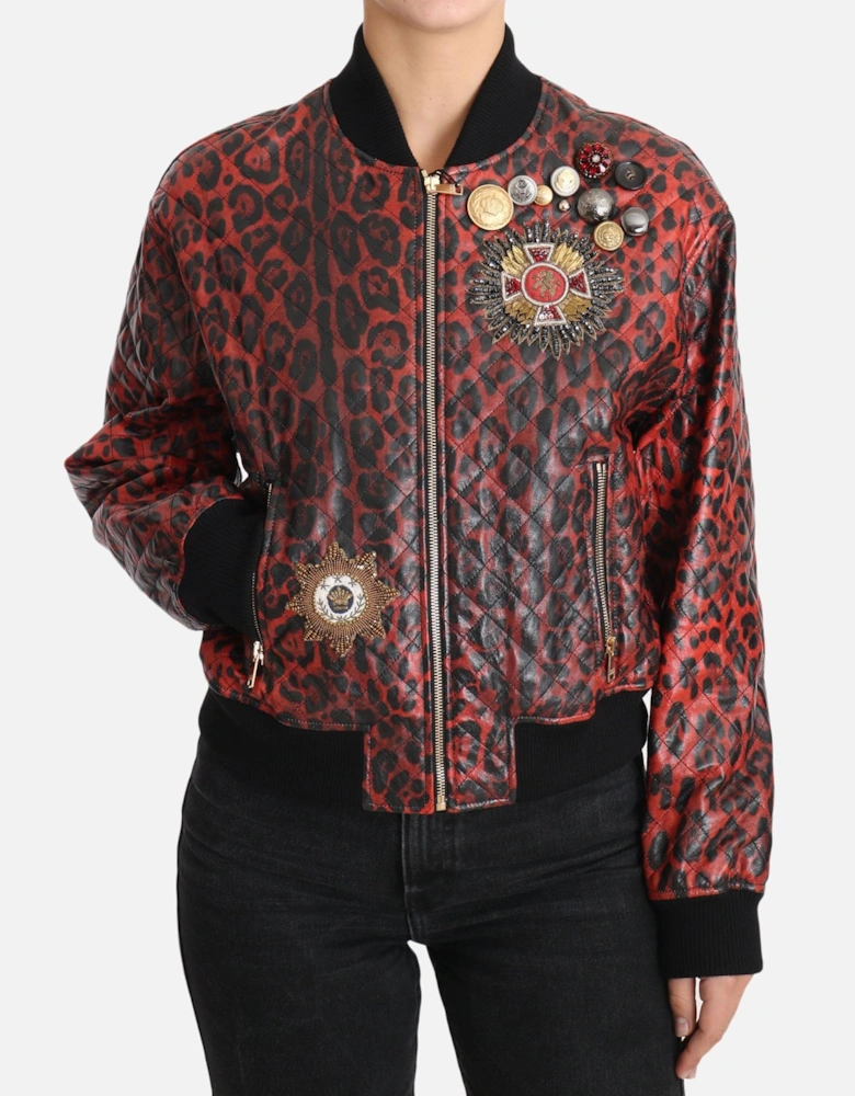 Quilted Leopard Print Bomber Jacket Women - Red Jackets