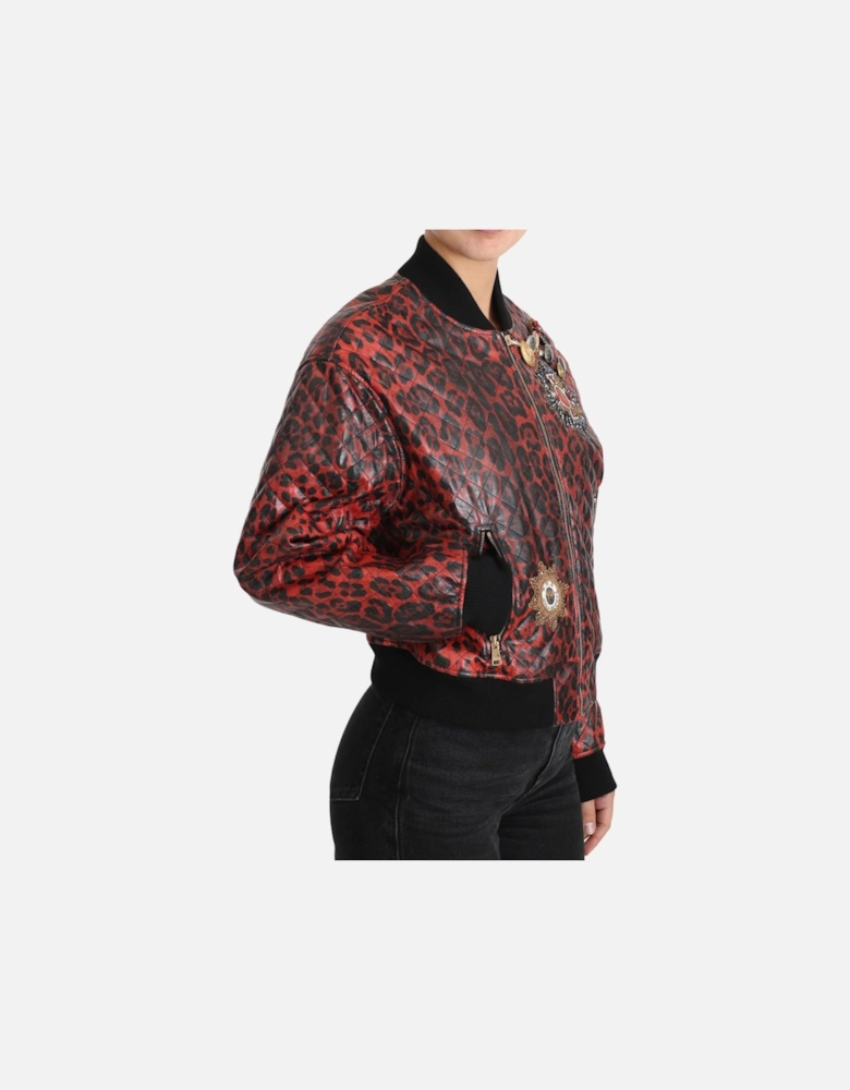 Quilted Leopard Print Bomber Jacket Women - Red Jackets