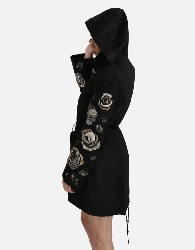 Embellished Parka Rose Embroidery Women - Black Jackets