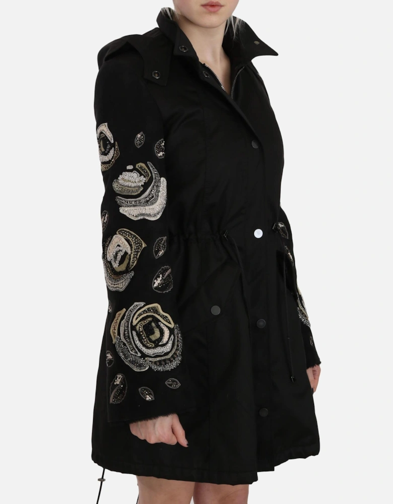 Embellished Parka Rose Embroidery Women - Black Jackets