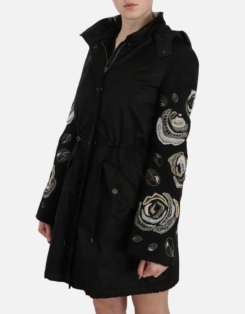 Embellished Parka Rose Embroidery Women - Black Jackets