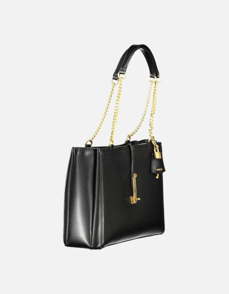 Chain Handle Three-Compartment Bag with External Pocket Women - Black