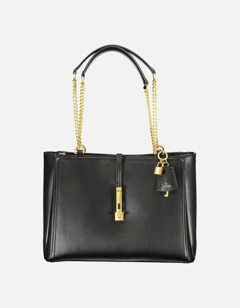 Chain Handle Three-Compartment Bag with External Pocket Women - Black