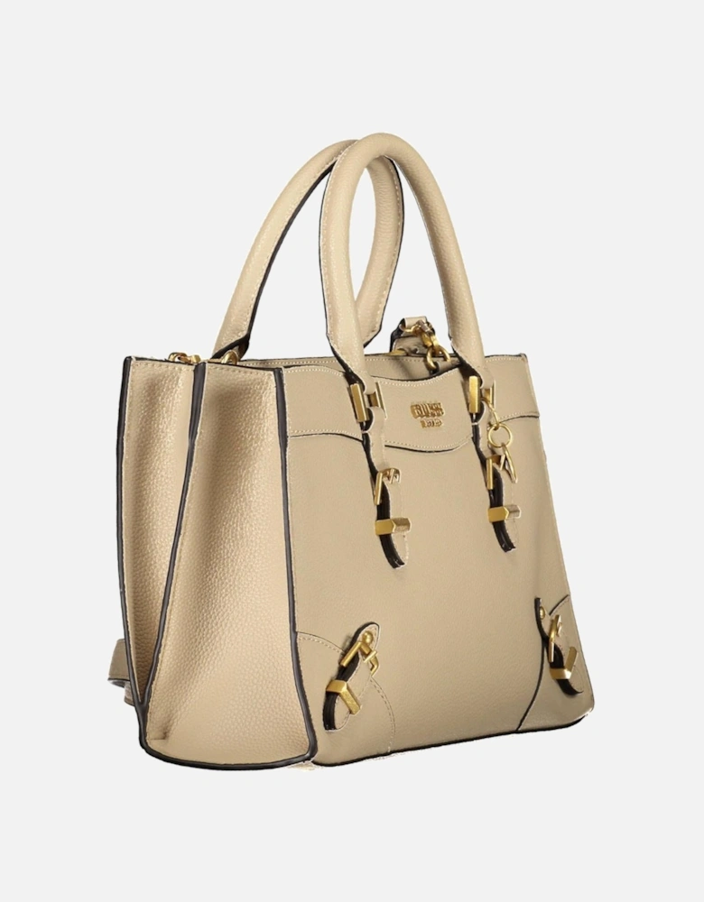 Beige Multi-Compartment Handbag with Removable Strap and Contrasting